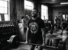 Load image into Gallery viewer, Physical Bear Wrestler T-Shirt — lifting — black and white editorial