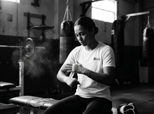 Load image into Gallery viewer, Physical Fighter T-Shirt — getting ready — black and white editorial