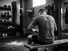 Load image into Gallery viewer, Fighter Skull T-Shirt — getting ready — black and white editorial