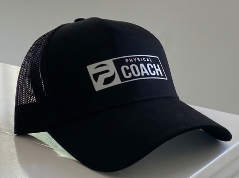 PHYSICAL Coach trucker hat — black with white boxed logo